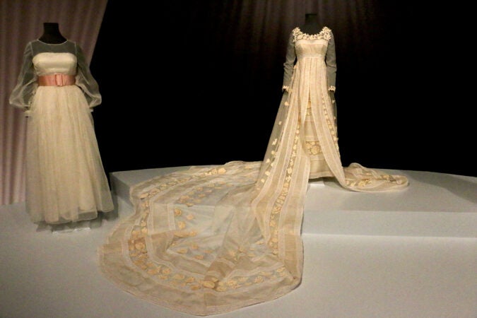 A wedding dress with a long train