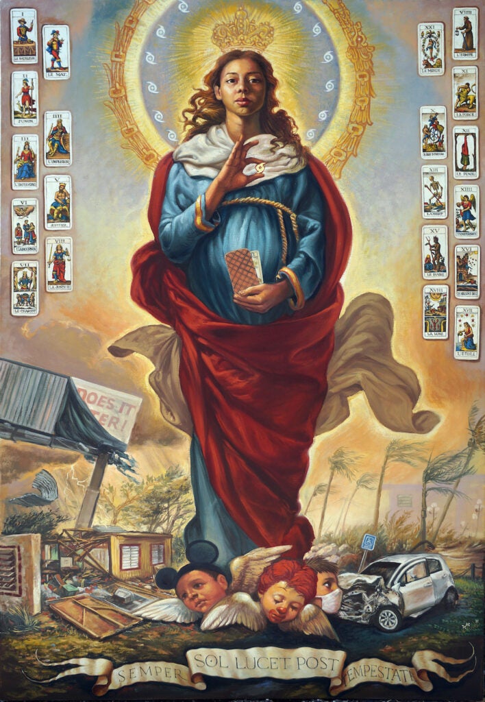 A painting shows a religious figure in the style of tarot cards.