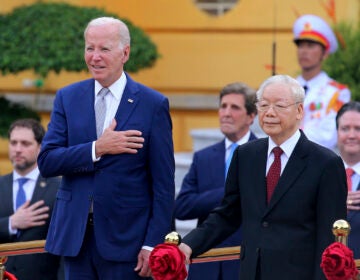 Vietnamese General Secretary of the Communist Party Nguyen Phu Trong, front right, and US President Joe Biden (front left) attend a military welcome ceremony at the Presidential Palace in Hanoi, Vietnam, Sunday, Sept.10, 2023. Biden is on an official two-day visit in Vietnam
