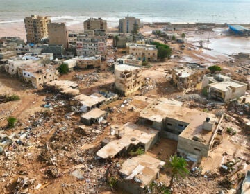 A general view of the city of Derna is seen on Tuesday, Sept. 12., 2023. Mediterranean storm Daniel caused devastating floods in Libya that broke dams and swept away entire neighborhoods in multiple coastal towns, the destruction appeared greatest in Derna city