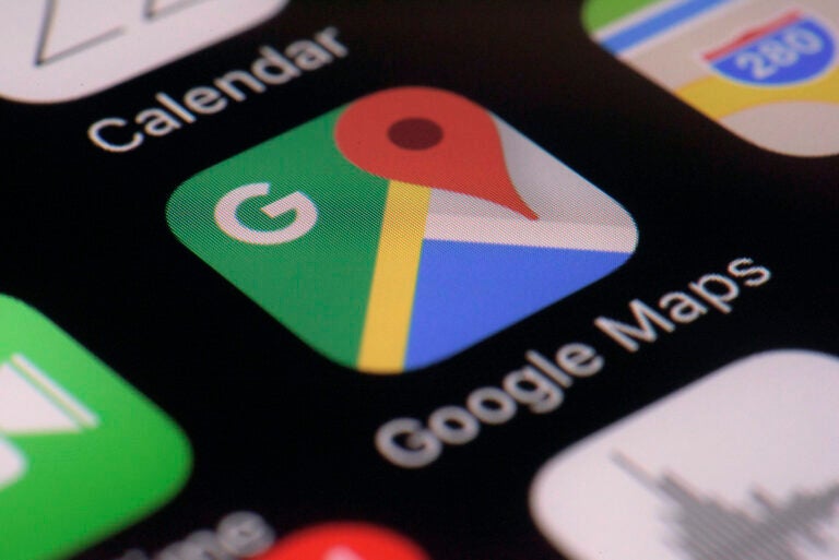 The Google Maps app is seen on a smartphone, March 22, 2017, in New York. On Tuesday, Sept. 19, 2023, the family of a North Carolina man who died after driving his car off a collapsed bridge while following Google Maps directions filed a lawsuit against the technology giant for negligence, claiming it had been informed of the collapse but failed to update its navigation system