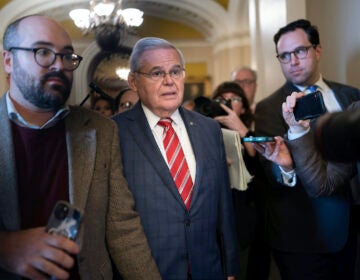 Sen. Bob Menendez, D-N.J., enters a closed-door meeting of the Senate Democratic Caucus to address his colleagues for the first time since he was indicted on federal bribery charges at the Capitol in Washington, Thursday, Sept. 28, 2023