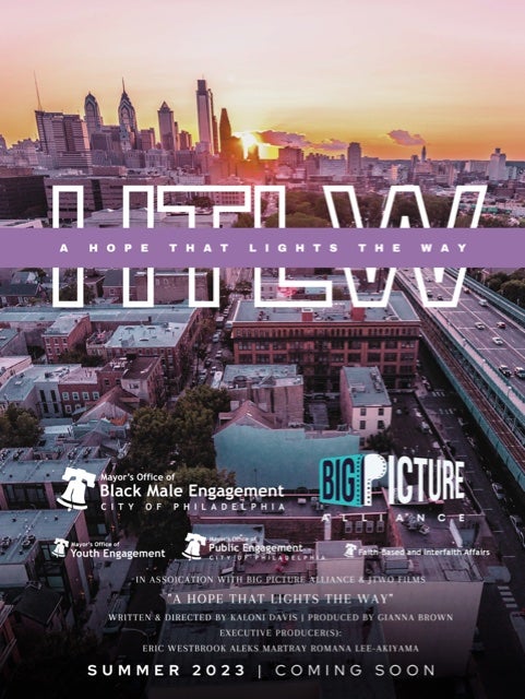 A poster for a documentary with an aerial photo of Philly in the background.