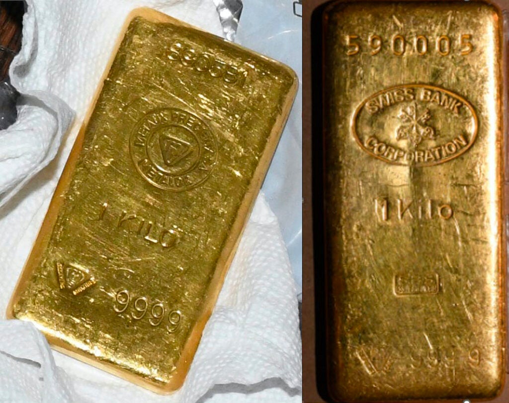 Two gold bars found during a search by federal agents of Sen. Bob Menendez's home and safe deposit box