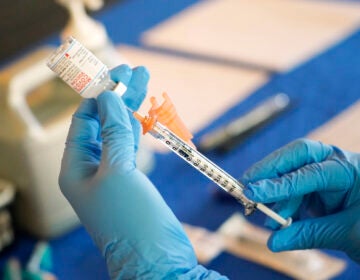 A medical professional prepares a vaccine syringe.