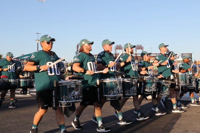 Close-up of the Eagles Drumline marching
