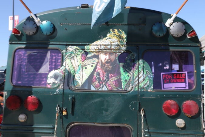 An image of Jason Kelce as a Mummer is painted on the back of Jim Gertie's bus.