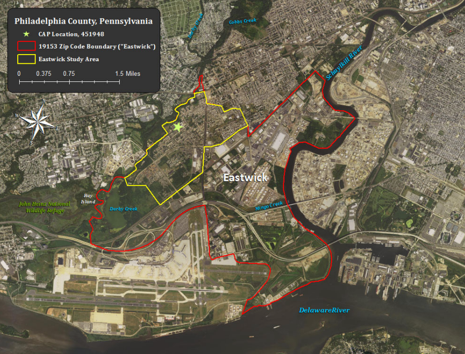 A map shows the Eastwick area of Philadelphia