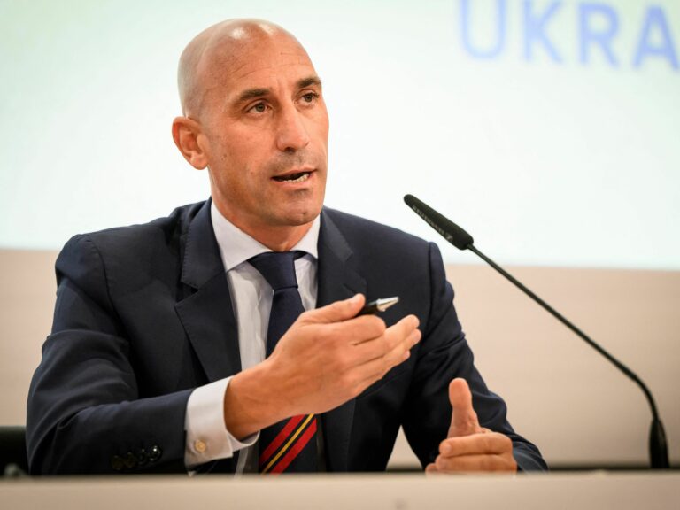 Spain soccer federation President Luis Rubiales speaks during a news conference in Nyon, Switzerland, on Oct. 5, 2022. (Gabriel Monnet/AFP via Getty Images)