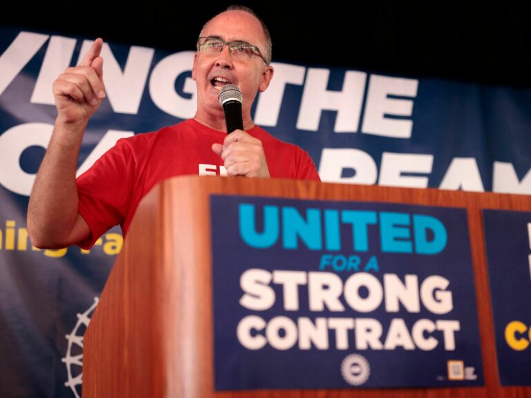 United Automobile Workers (UAW) President Shawn Fain speaks as UAW members and their supporters gather for Solidarity Sunday at the UAW Region 1 office