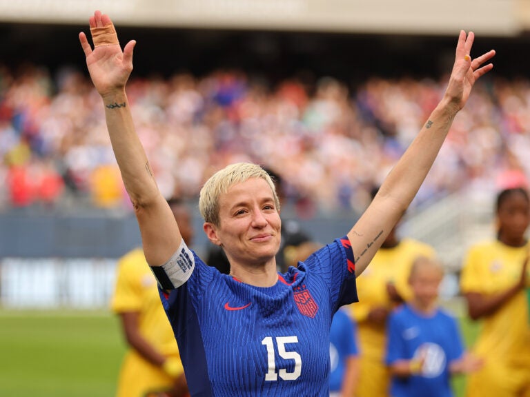 Megan Rapinoe waves to the crowd before her final game on the U.S. national team on Sunday in Chicago. Megan Rapinoe waves to the crowd before her final game on the U.S. national team on Sunday in Chicago.
(Michael Reaves/Getty Images)