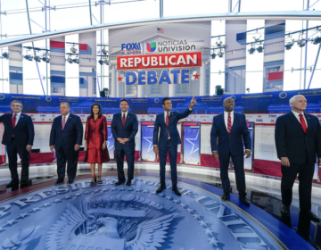 Republican presidential candidates, from left, North Dakota Gov. Doug Burgum, former New Jersey Gov. Chris Christie, former U.N. Ambassador Nikki Haley, Florida Gov. Ron DeSantis, entrepreneur Vivek Ramaswamy, Sen. Tim Scott, R-S.C., and former Vice President Mike Pence, at a debate hosted by FOX Business and Univision, Wednesday at the Ronald Reagan Presidential Library in Simi Valley, Calif.