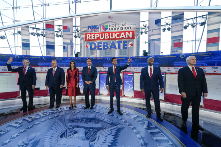 Republican presidential candidates, from left, North Dakota Gov. Doug Burgum, former New Jersey Gov. Chris Christie, former U.N. Ambassador Nikki Haley, Florida Gov. Ron DeSantis, entrepreneur Vivek Ramaswamy, Sen. Tim Scott, R-S.C., and former Vice President Mike Pence, at a debate hosted by FOX Business and Univision, Wednesday at the Ronald Reagan Presidential Library in Simi Valley, Calif.