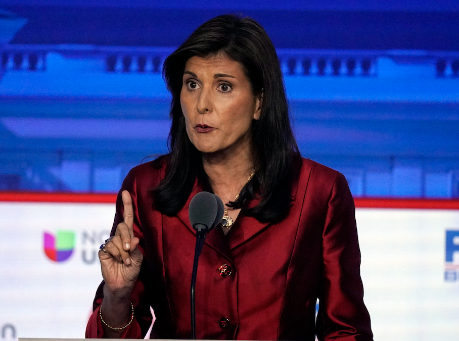 Former U.N. Ambassador Nikki Haley speaks during a Republican presidential primary debate on Wednesday at the Ronald Reagan Presidential Library in Simi Valley, Calif.