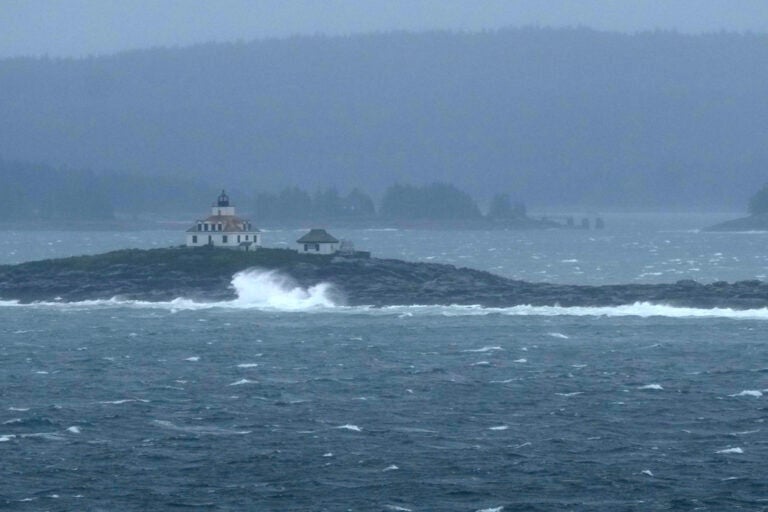 Waves and stormy conditions at a harbor in Maine