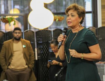 Maria Quiñones Sánchez speaking into a microphone