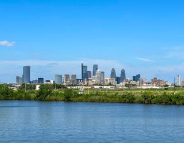 Skyline as seen from a fishing pier along Bartram's Mile in Southwest Philly. (Danya Henninger/Billy Penn)