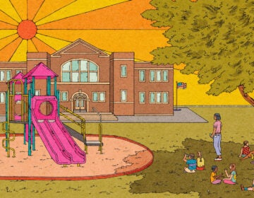 An illustration shows a bright sun and kids sitting in the shade away from a playground.