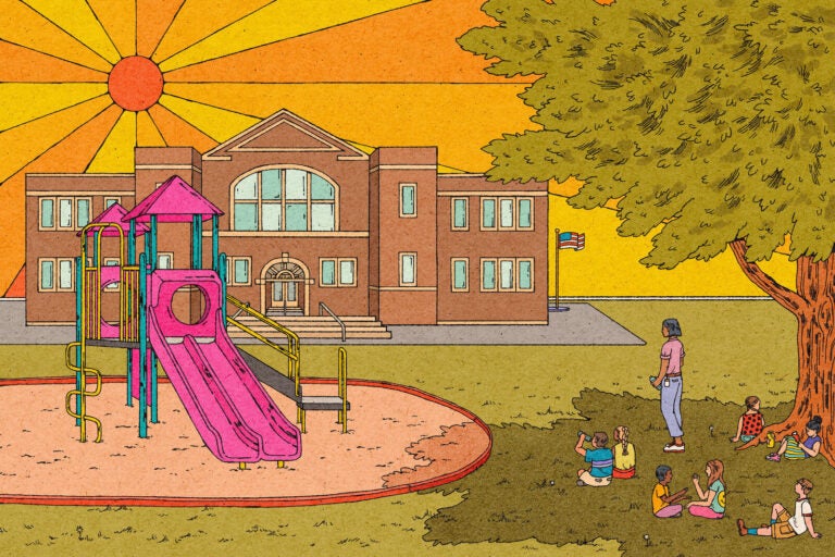 An illustration shows a bright sun and kids sitting in the shade away from a playground.