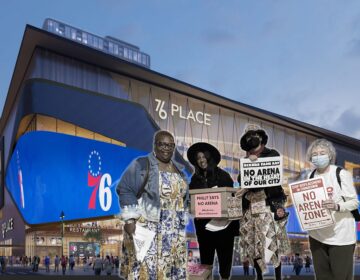 A collage shows activists against the 76ers arena plan in front of a rendering of 76 place