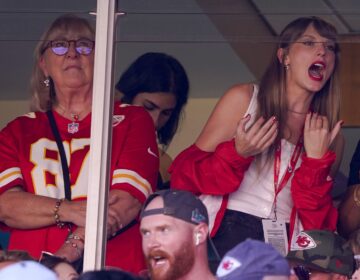 Taylor Swift (right) watches from a suite alongside Travis Kelce's mother, Donna Kelce, inside Arrowhead Stadium during the first half of an NFL football game between the Chicago Bears and Kansas City Chiefs Sunday, Sept. 24, 2023, in Kansas City, Mo.