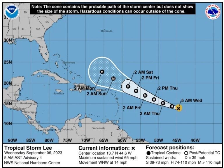 This National Hurricane Center graphic, produced at 4 a.m. ET on Wednesday, Sept. 6, 2023, shows the projected path and strengthening of Tropical Storm Lee as it moves across the Atlantic Ocean