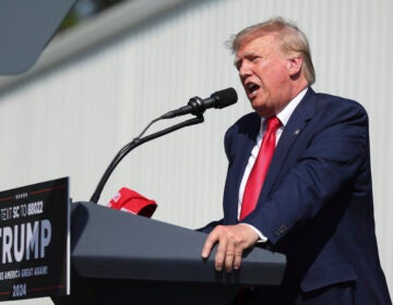 Trump speaks at a podium.