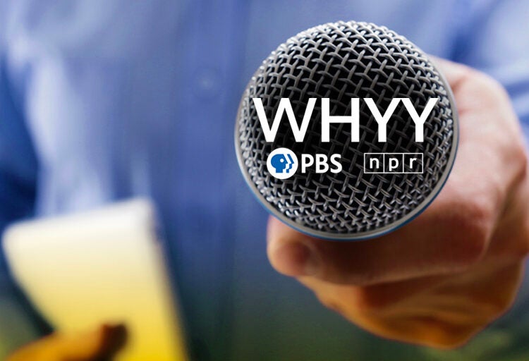 A graphic of a microphone with the WHYY, PBS, and NPR logo