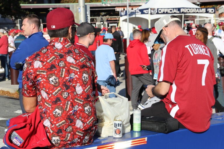 Phillies fans showed up in their Monday best to watch Philadelphia play in a potential NL Pennant clincher against the Arizona Diamondbacks. (Cory Sharber/WHYY)