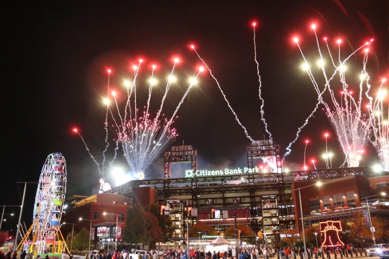 Fireworks lit up the night sky ahead of Game 7 of the National League Championship Series at Citizens Bank Park between the Arizona Diamondbacks and the Philadelphia Phillies. (Cory Sharber/WHYY)