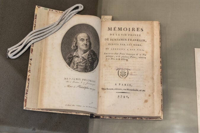An early edition of Benjamin Franklin’s autobiography on display at the American Philosophical Society’s Library Hall.
