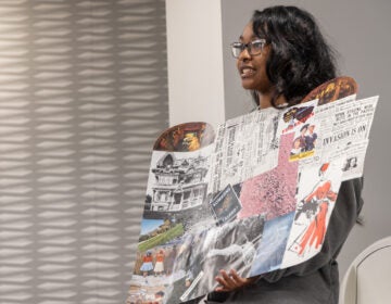 Chrisma Tucker, a 17-year-old student at Revolution School, explains her collage reflecting on the majority white, two-parent households in her neighborhood during a collaborative art project at the University of the Arts on Oct. 10, 2023