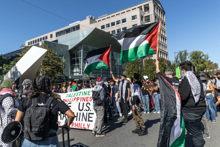 Protesters march in the street