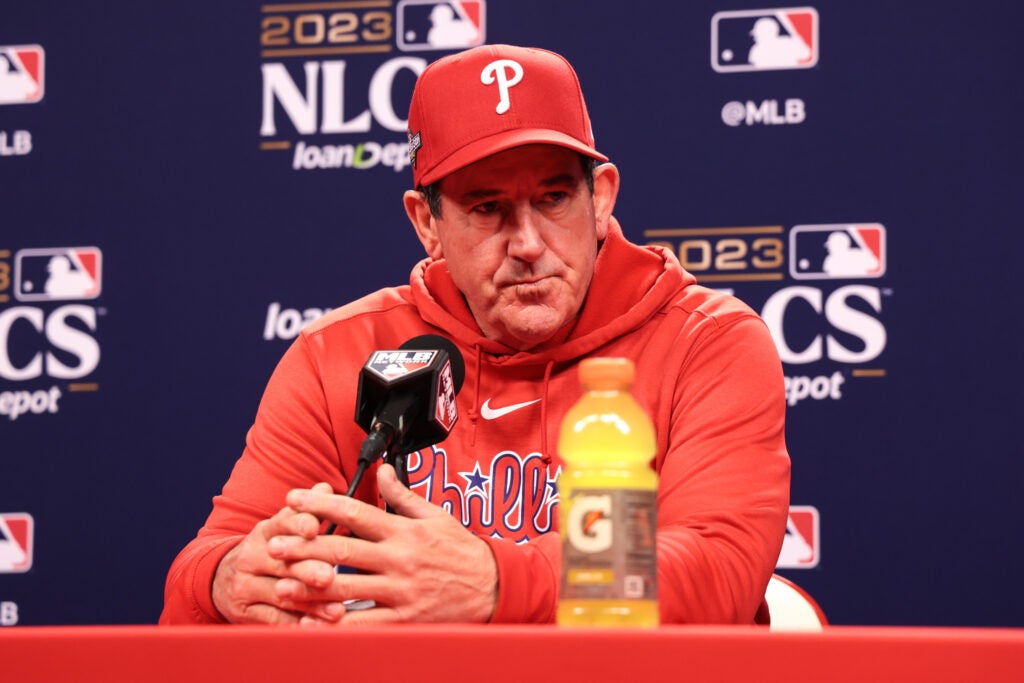 Philadelphia Phillies manager Rob Thomson speaks to media ahead of the NLCS against the Arizona Diamondbacks on Oct. 15, 2023.