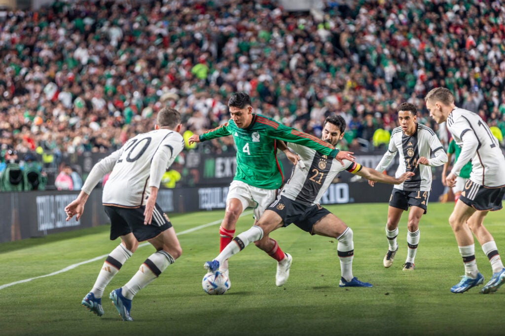 Mexico’s Edson Alvarez  (left) and Germany’s İlkay Gündoğan (right) battle for the ball at the friendly match at Lincoln Financial Field in Philadelphia on Oct. 17, 2023.