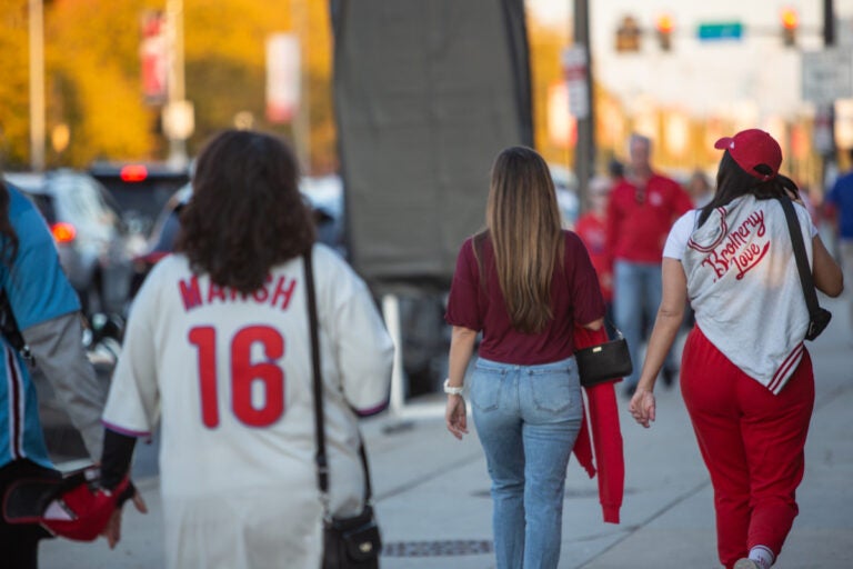 Fans decked in their best Phillies gear swarmed the sports complex to tailgate together for Game 4 of the Phillies playoff series game on October 12 2023. (Emily Cohen for WHYY)