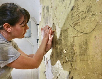 Meris Westberg works to restore a wall