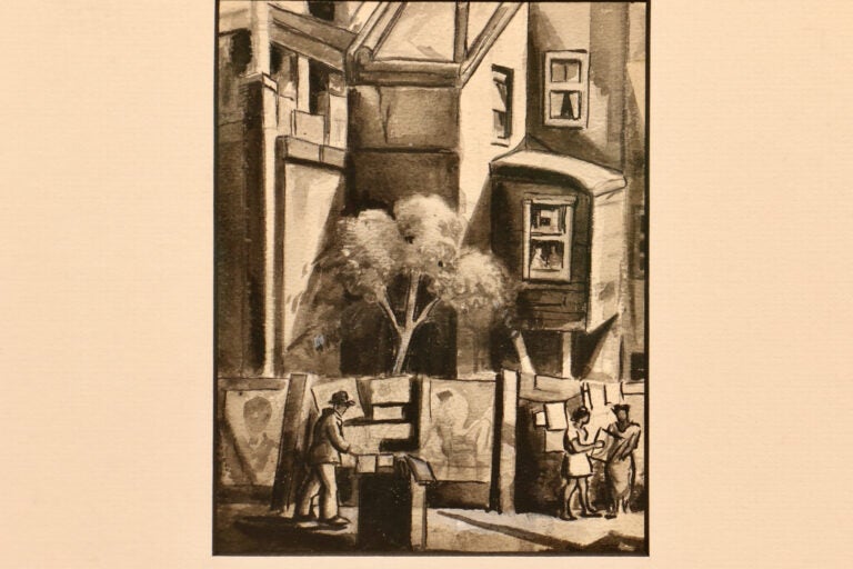 A print of buildings and people on a sidewalk