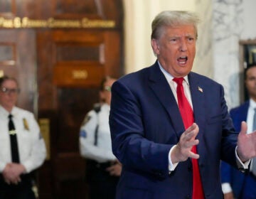 Former President Donald Trump speaks to the media before entering the courtroom at New York Supreme Court, Wednesday, Oct. 4, 2023, in New York.