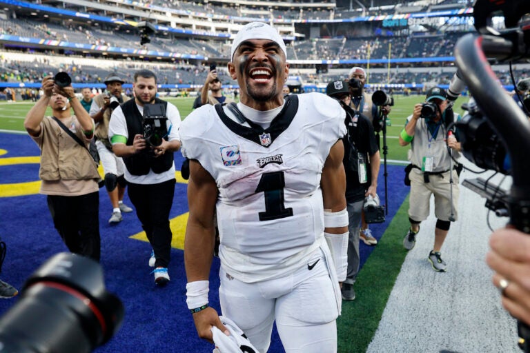 Philadelphia Eagles quarterback Jalen Hurts celebrates after the Eagles defeated the Los Angeles Rams 23-14 in an NFL football game Sunday, Oct. 8, 2023, in Inglewood, Calif.