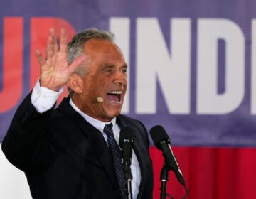 Presidential candidate Robert F. Kennedy, Jr. waves after speaking during a campaign event at Independence Mall, Monday, Oct. 9, 2023, in Philadelphia.