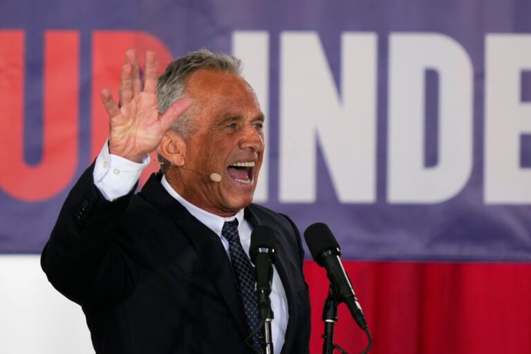 Presidential candidate Robert F. Kennedy, Jr. waves after speaking during a campaign event at Independence Mall, Monday, Oct. 9, 2023, in Philadelphia.