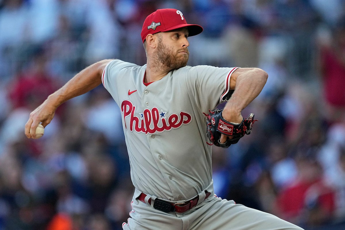 Philadelphia Phillies starting pitcher Zack Wheeler (45) works from the mound in the first inning of Game 2 of a baseball NL Division Series against the Atlanta Braves, Monday, Oct. 9, 2023, in Atlanta.