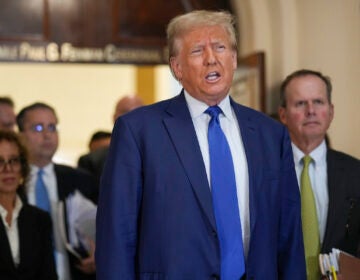 Former President Donald Trump speaks during a break in his civil business fraud trial at New York Supreme Court, Wednesday, Oct. 25, 2023, in New York