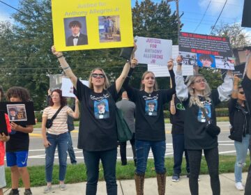 Anthony Allegrini Jr.'s mother Jennifer Allegrini, his sister Jessica Skladanowski and his girlfriend Reagan Hocking demand justice outside a PA State Police building near Belmont Avenue and Monument Road.