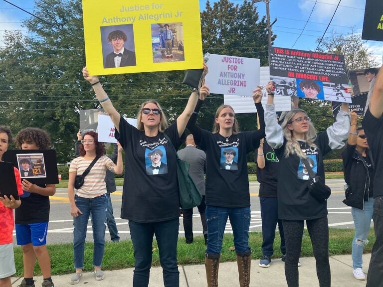 Anthony Allegrini Jr.'s mother Jennifer Allegrini, his sister Jessica Skladanowski and his girlfriend Reagan Hocking demand justice outside a PA State Police building near Belmont Avenue and Monument Road.
