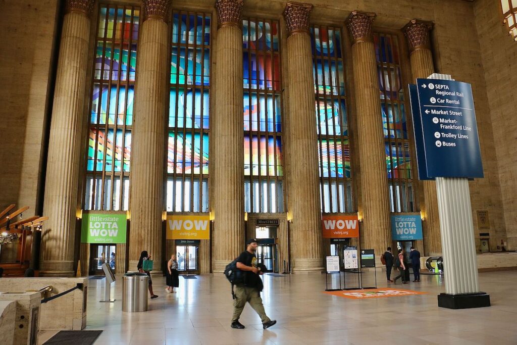 Colored vinyl in the windows of the train station