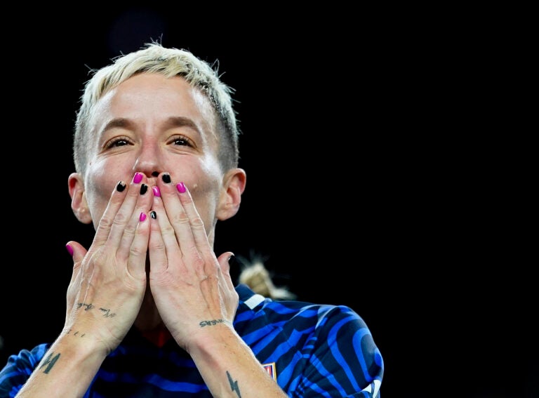 OL Reign forward Megan Rapinoe blows a kiss during a ceremony honoring her career, after the team’s NWSL soccer match against the Washington Spirit on Friday, Oct. 6, 2023, in Seattle. The Spirit and the Reign played to a scoreless draw in Rapinoe’s final regular-season home game before her retirement at the end of the season. OL Reign forward Megan Rapinoe blows a kiss during a ceremony honoring her career, after the team's NWSL soccer match against the Washington Spirit on Friday, Oct. 6, 2023, in Seattle. The Spirit and the Reign played to a scoreless draw in Rapinoe's final regular-season home game before her retirement at the end of the season.