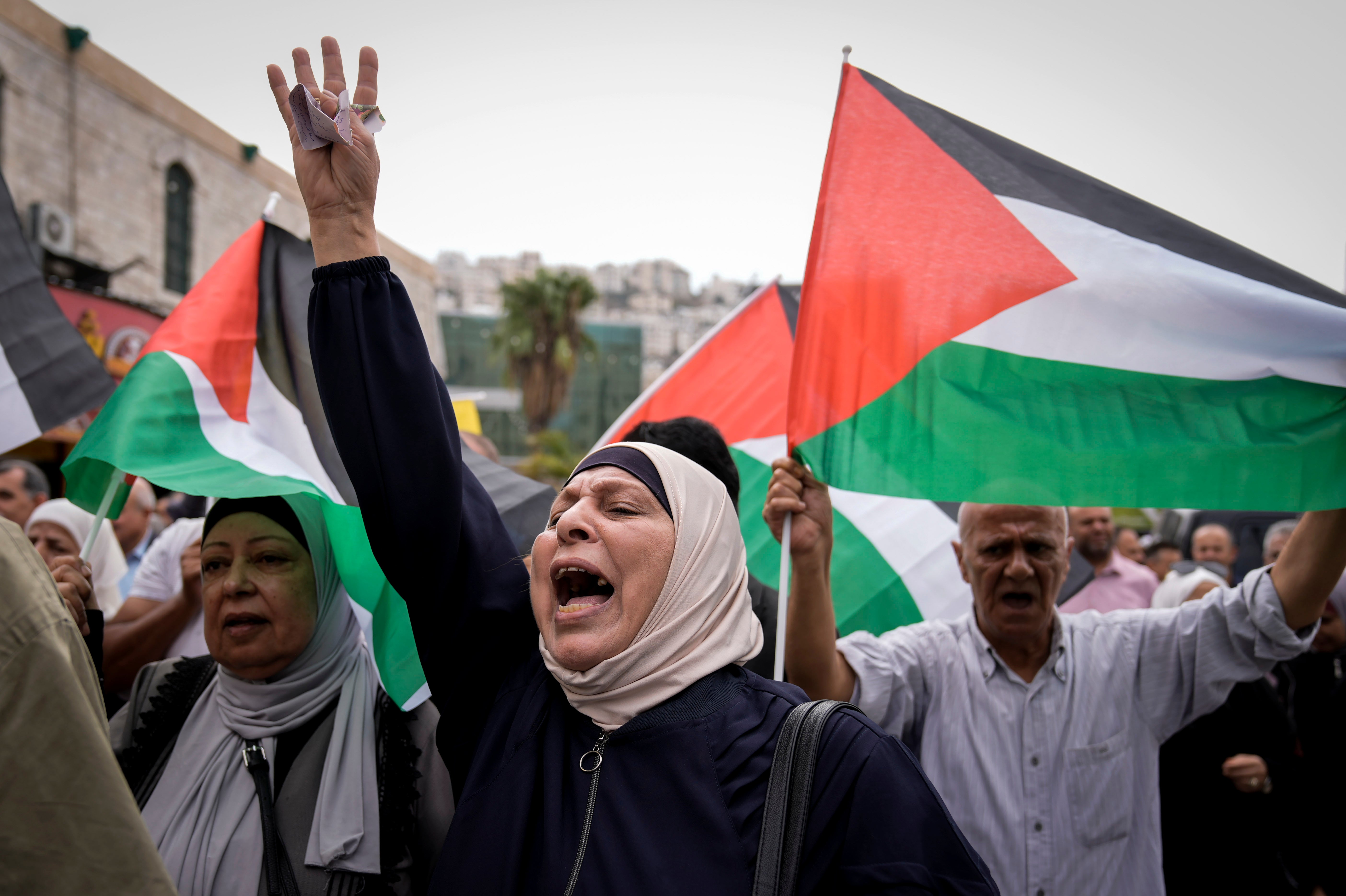 Palestinians wave flags at a rally