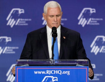 Former Vice President Mike Pence speaks at an annual leadership meeting of the Republican Jewish Coalition, Saturday, Oct. 28, 2023, in Las Vegas. Pence is dropping his bid for the Republican presidential nomination.